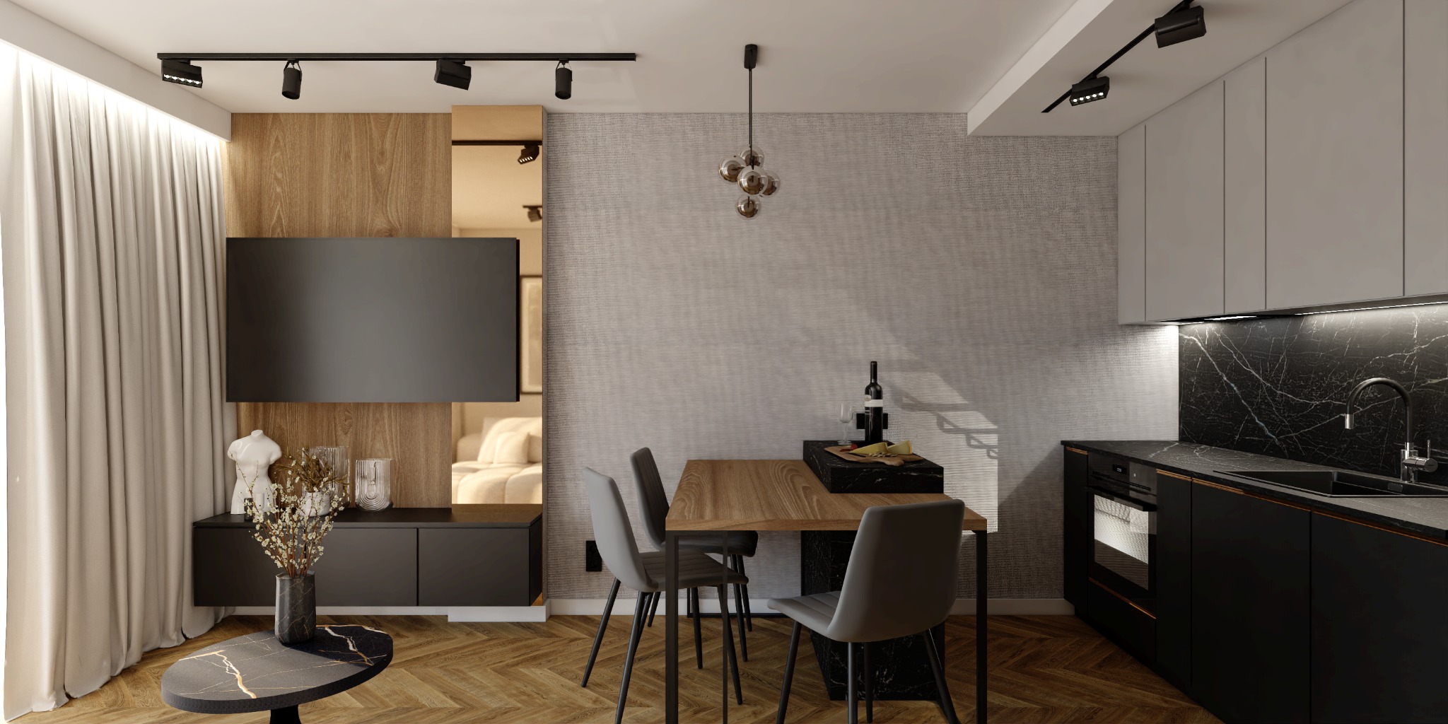 Nowoczesne wnętrze mieszkania z otwartą kuchnią, drewnianym parkietem, czarnymi meblami i oświetleniem punktowym.