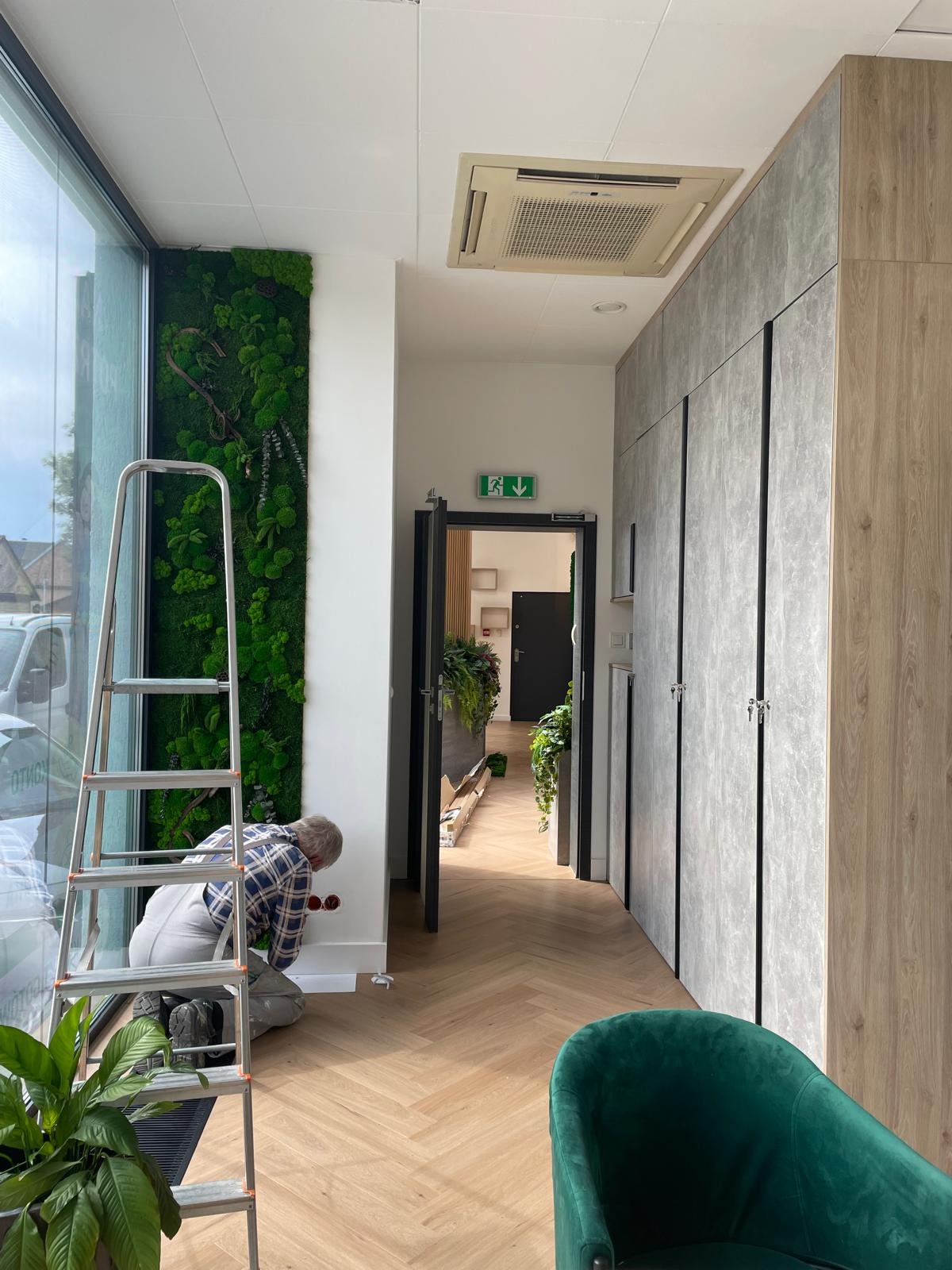 Mężczyzna w koszuli w kratę, klęczący przy ścianie w biurze, obok drabiny i zielonej ściany z mchu, pracuje przy gniazdkach elektrycznych, w tle widoczny korytarz z roślinami i szafami.