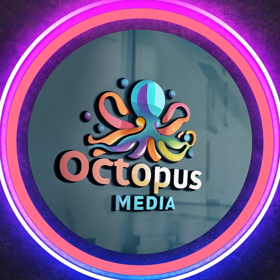 Kolorowe logo firmy Octopus Media z Krakowa, przedstawiające stylizowaną ośmiornicę z napisem, umieszczone na ciemnoszarym tle z neonową obwódką.