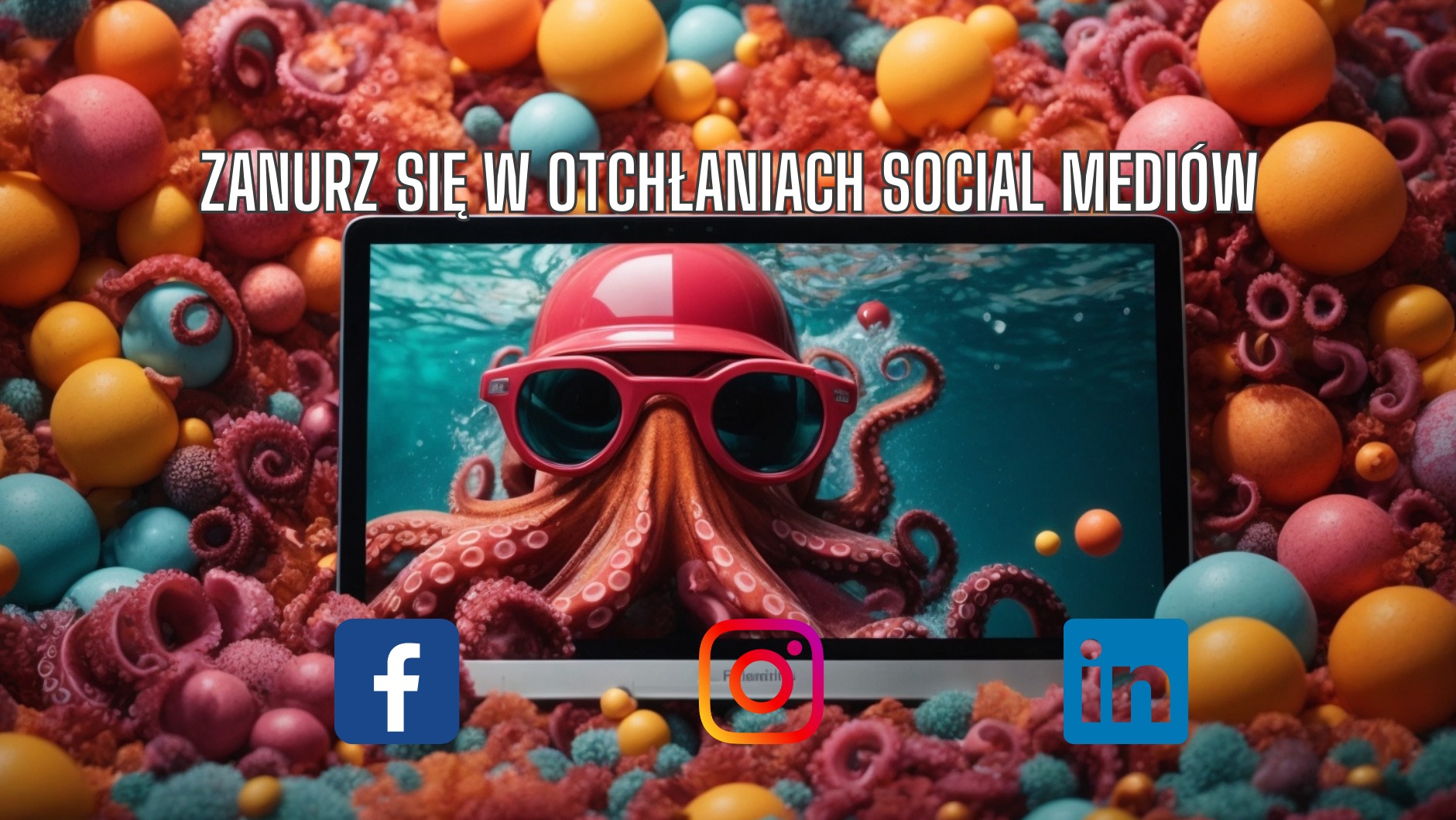 Ekran laptopa wyświetla ośmiornicę w okularach i czapce pod wodą, otoczoną kolorowymi kulami i ikonami Facebooka, Instagrama i LinkedIn, z napisem 'Zanurz się w otchłaniach social mediów'.