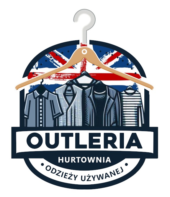 Grafika logo firmy Outleria, hurtowni odzieży używanej, z motywem flagi brytyjskiej w tle i wieszakami prezentującymi różne rodzaje ubrań.