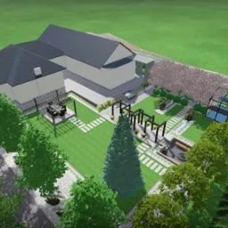 Wizualizacja ogrodu z nowoczesną architekturą, pergolami, ścieżkami z płyt, trawnikiem, drzewami i strefą relaksu z paleniskiem.