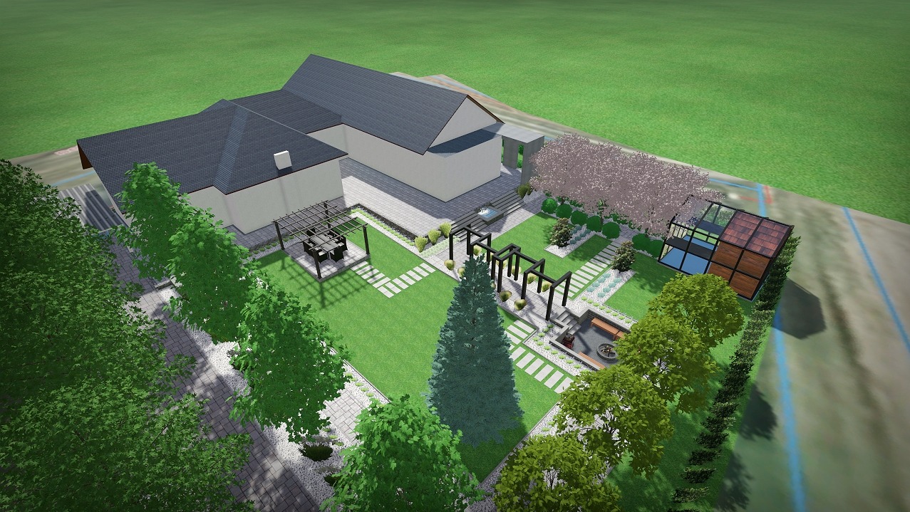 Wizualizacja ogrodu z nowoczesną architekturą, pergolami, ścieżkami z płyt, trawnikiem, drzewami i strefą relaksu z paleniskiem.