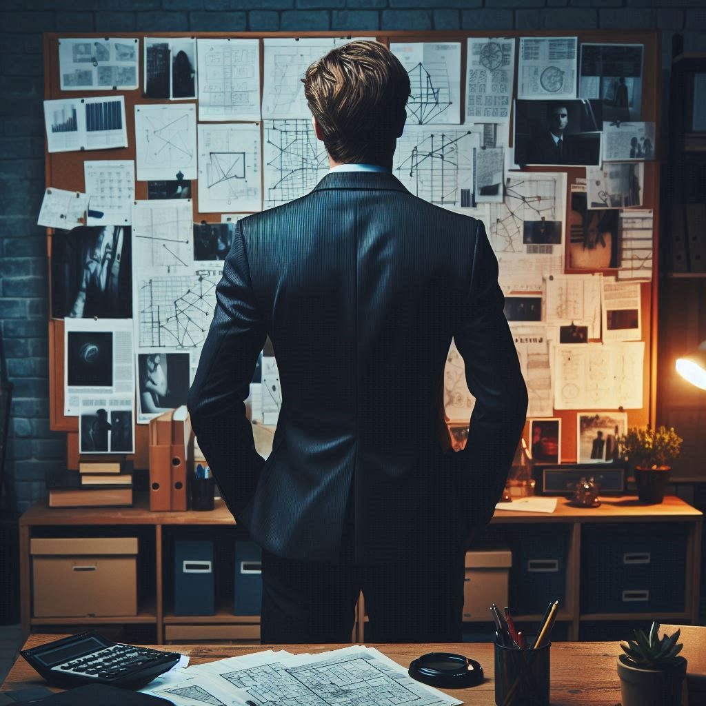 Mężczyzna w garniturze stoi tyłem do widza, analizując tablicę korkową z przypiętymi zdjęciami, mapami i notatkami w biurze z ceglaną ścianą.
