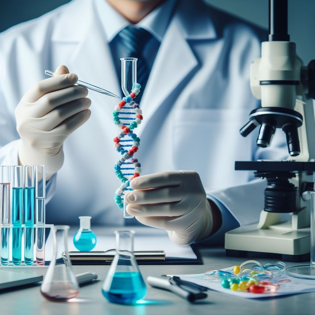 Laboratorium: naukowiec w białym fartuchu i rękawiczkach trzyma pęsetą model DNA w probówce, obok mikroskop, probówki z płynami i inne akcesoria laboratoryjne.