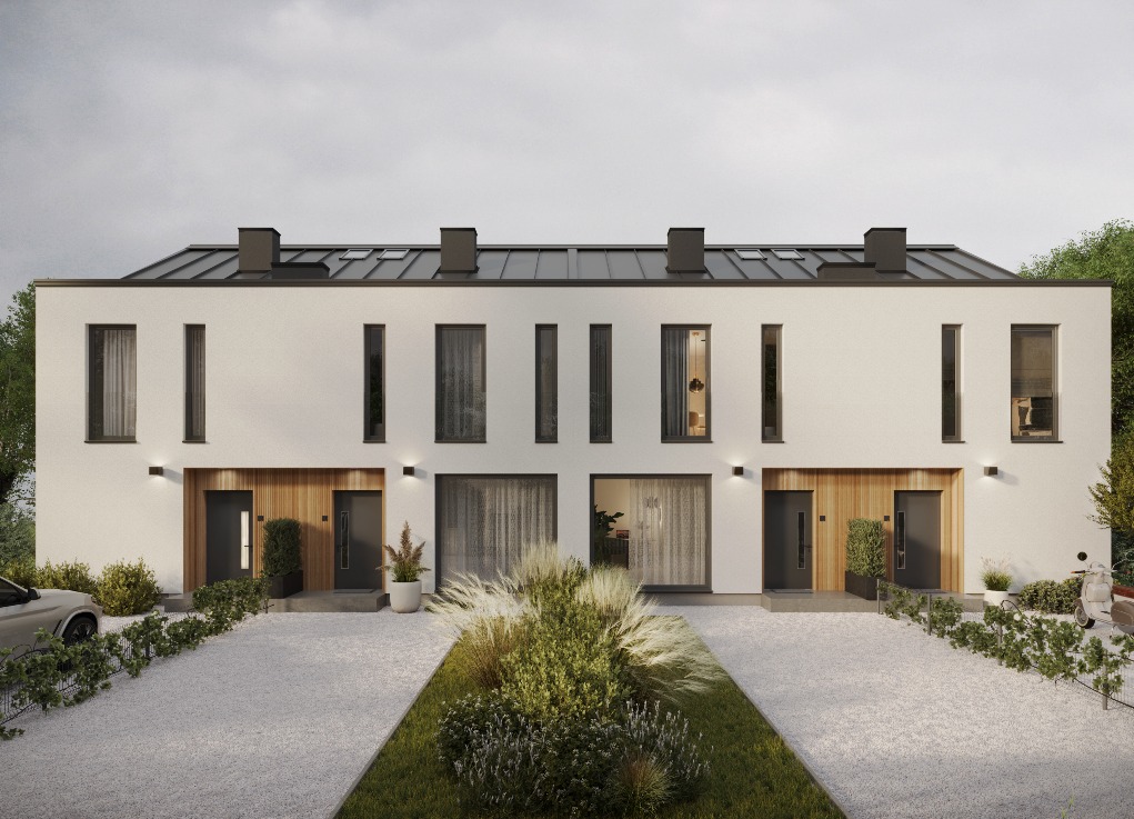 Wizualizacja dwóch nowoczesnych domów jednorodzinnych w zabudowie bliźniaczej z płaskim dachem, białymi elewacjami i drewnianymi akcentami przy wejściach, otoczonych żwirowym podjazdem i zielenią.