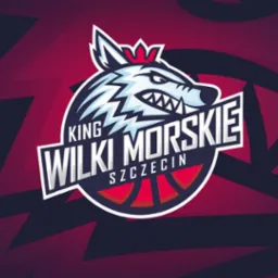 Logo drużyny koszykarskiej King Wilki Morskie Szczecin z wizerunkiem wilka w koronie na tle bordowo-granatowym.