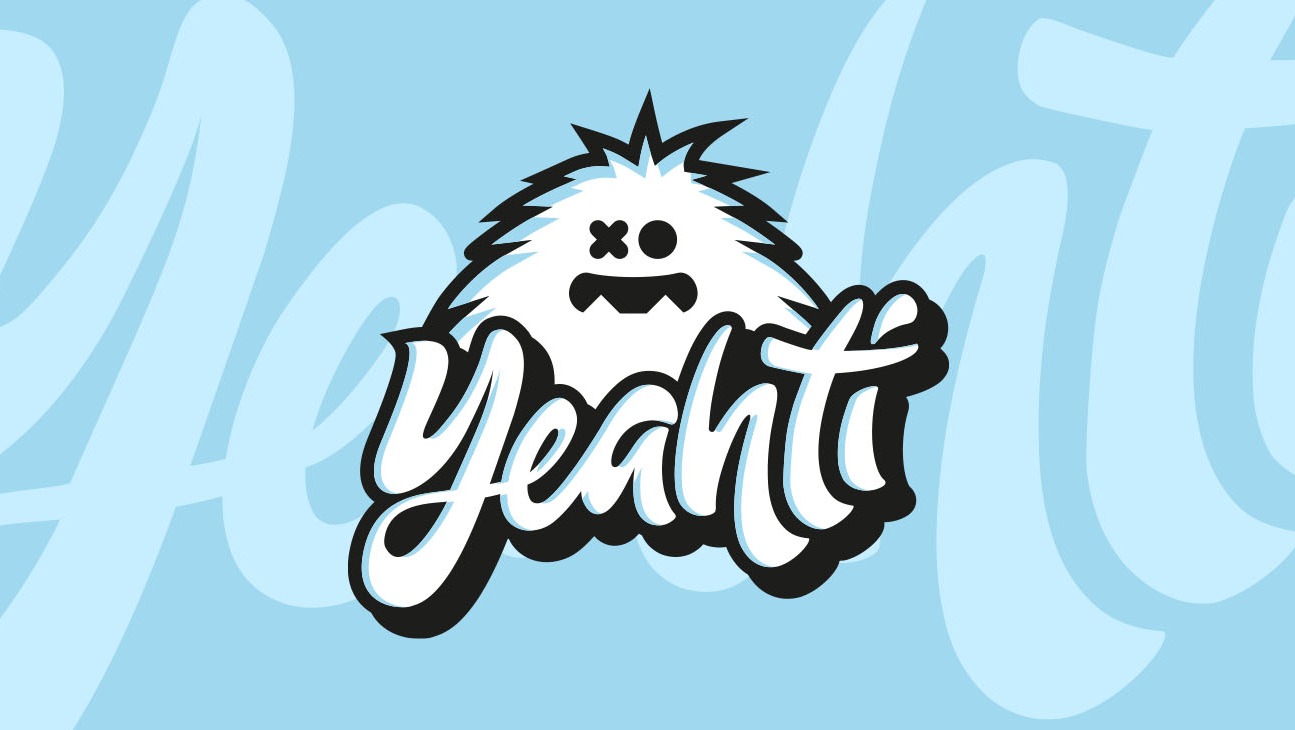 Stylizowany logotyp z białym, futrzastym stworkiem przypominającym Yeti z okiem oznaczonym krzyżykiem, umieszczonym nad napisem 'Yeahti' w czarno-białej kaligrafii na jasnoniebieskim tle.