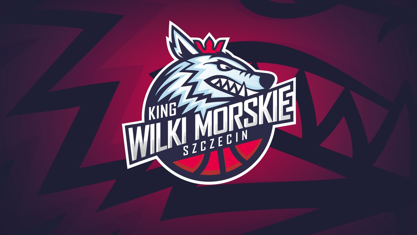 Logo drużyny koszykarskiej King Wilki Morskie Szczecin z wizerunkiem wilka w koronie na tle bordowo-granatowym.