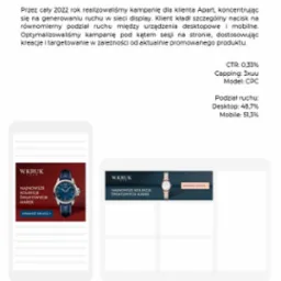 Prezentacja kampanii display dla marki W.Kruk na urządzeniach mobilnych i desktopowych, z podziałem ruchu 48,7% desktop i 51,3% mobile.