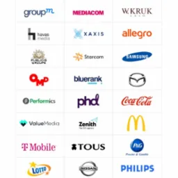 Prezentacja firm, dla których agencja AdPLANER prowadziła kampanie reklamowe, z logo klientów ułożonymi w siatkę na białym tle.