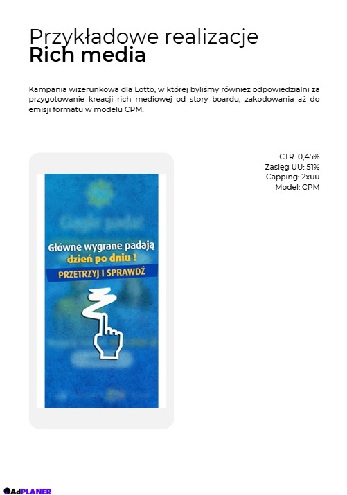 Przykład kreacji rich mediowej dla Lotto, wyświetlanej na smartfonie, z hasłem 'Główne wygrane padają dzień po dniu! Przetrzyj i sprawdź', zrealizowanej przez firmę z Łodzi. Widoczne statystyki...