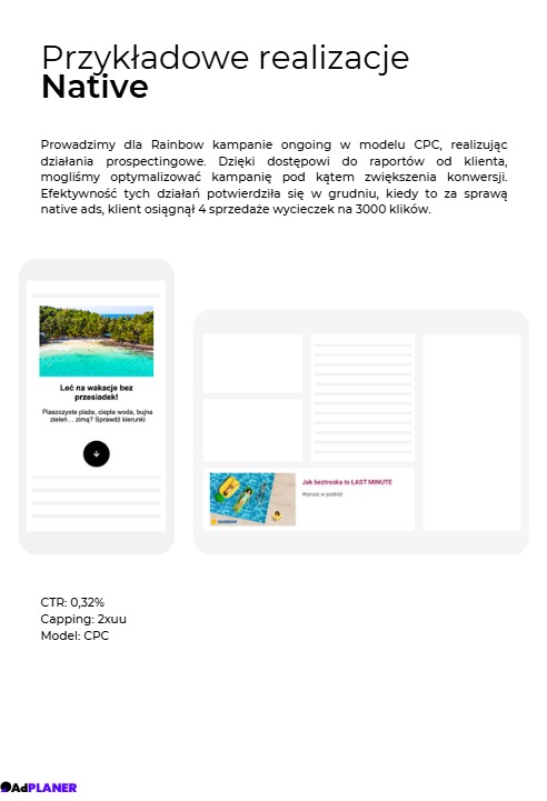Prezentacja kampanii reklamowej native na urządzeniach mobilnych, z przykładami wizualizacji ofert wakacyjnych, statystykami CTR i modelem CPC.