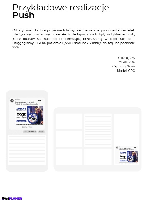 Prezentacja wyników kampanii push dla saszetek nikotynowych, z widocznymi notyfikacjami na urządzeniach mobilnych oraz statystykami CTR i CTVR.