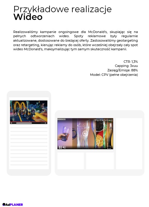 Prezentacja kampanii wideo na urządzeniach mobilnych, z przykładami spotów reklamowych McDonald's i Coca-Coli, wyświetlanych w układzie mockupów smartfonów i tabletów.