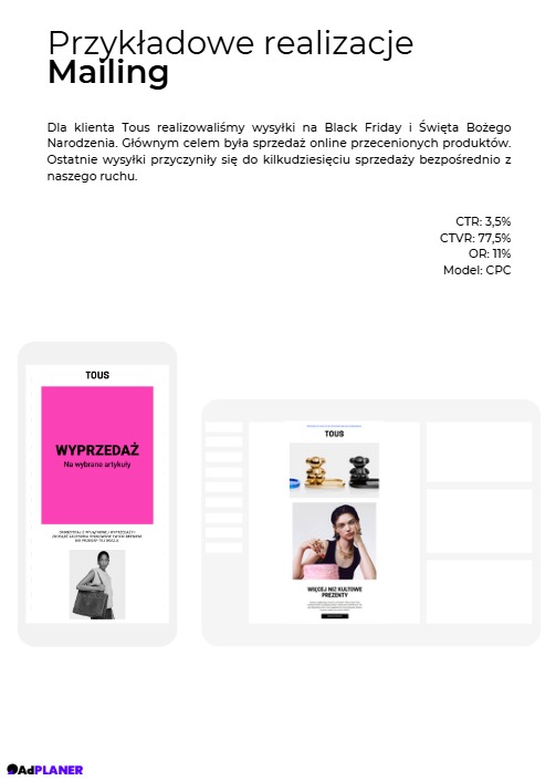 Przykładowa realizacja kampanii mailingowej dla marki Tous, prezentująca wygląd wiadomości e-mail na smartfonie i komputerze, z informacją o wyprzedaży i kultowych prezentach.