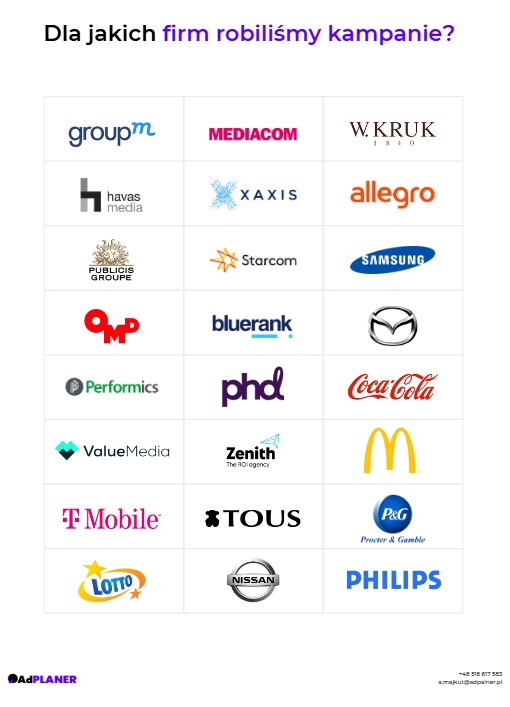 Prezentacja firm, dla których agencja AdPLANER prowadziła kampanie reklamowe, z logo klientów ułożonymi w siatkę na białym tle.
