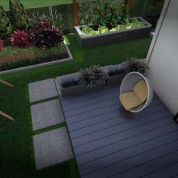 brak - Wizualizacja ogrodu z podwyższonymi grządkami warzywnymi, drewnianym tarasem, wiszącym fotelem i dekoracyjnymi rabatami kwiatowymi, widok z góry.