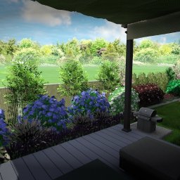 brak - Wizualizacja ogrodu z tarasem, grill, huśtawka dla dzieci, obsadzony hortensjami i innymi roślinami, widok z zadaszonego patio.