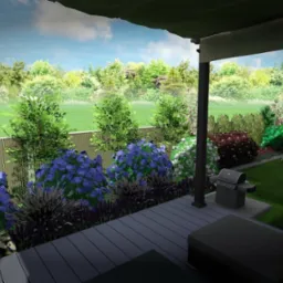 Wizualizacja ogrodu z tarasem, grill, huśtawka dla dzieci, obsadzony hortensjami i innymi roślinami, widok z zadaszonego patio.