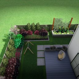 brak - Wizualizacja ogrodu z widokiem z góry, ukazująca rabaty kwiatowe, grządki warzywne, trawnik, drewniany taras z fotelem i plac zabaw dla dzieci.