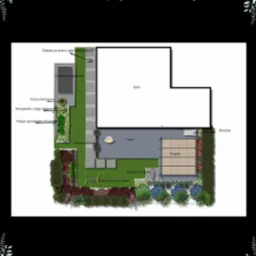 Wizualizacja projektu zagospodarowania przestrzeni ogrodu z domem, tarasem, pergolą, ścieżką z żwiru i płyt betonowych, domkiem narzędziowym, donicami betonowymi, warzywnikiem z cegły klinkierowej,...