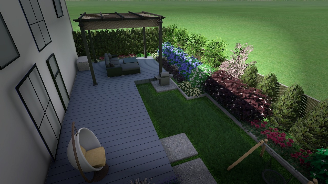 Wizualizacja projektu zagospodarowania przestrzeni przydomowej z pergolą, meblami ogrodowymi, grillem, huśtawką typu kokon oraz różnorodną roślinnością, w tym kwitnącymi krzewami i drzewami.