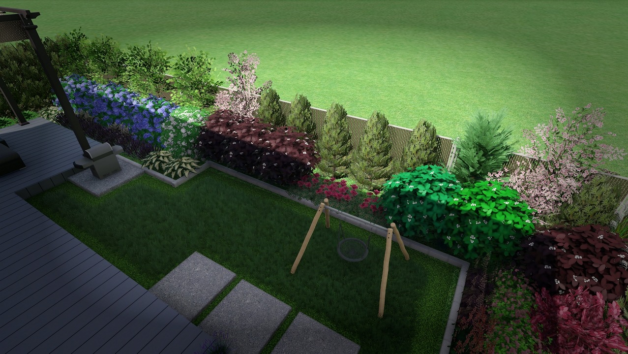 Wizualizacja ogrodu z tarasem, grillem, huśtawką typu bocianie gniazdo i różnorodną roślinnością, w tym hortensje, drzewa iglaste i krzewy kwitnące.