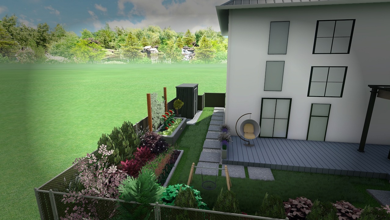 Wizualizacja projektu zagospodarowania przestrzeni przydomowej z nowoczesnym domem, tarasem z wiszącym fotelem, ścieżką z płyt, podwyższonymi rabatami kwiatowymi i zielonym trawnikiem.