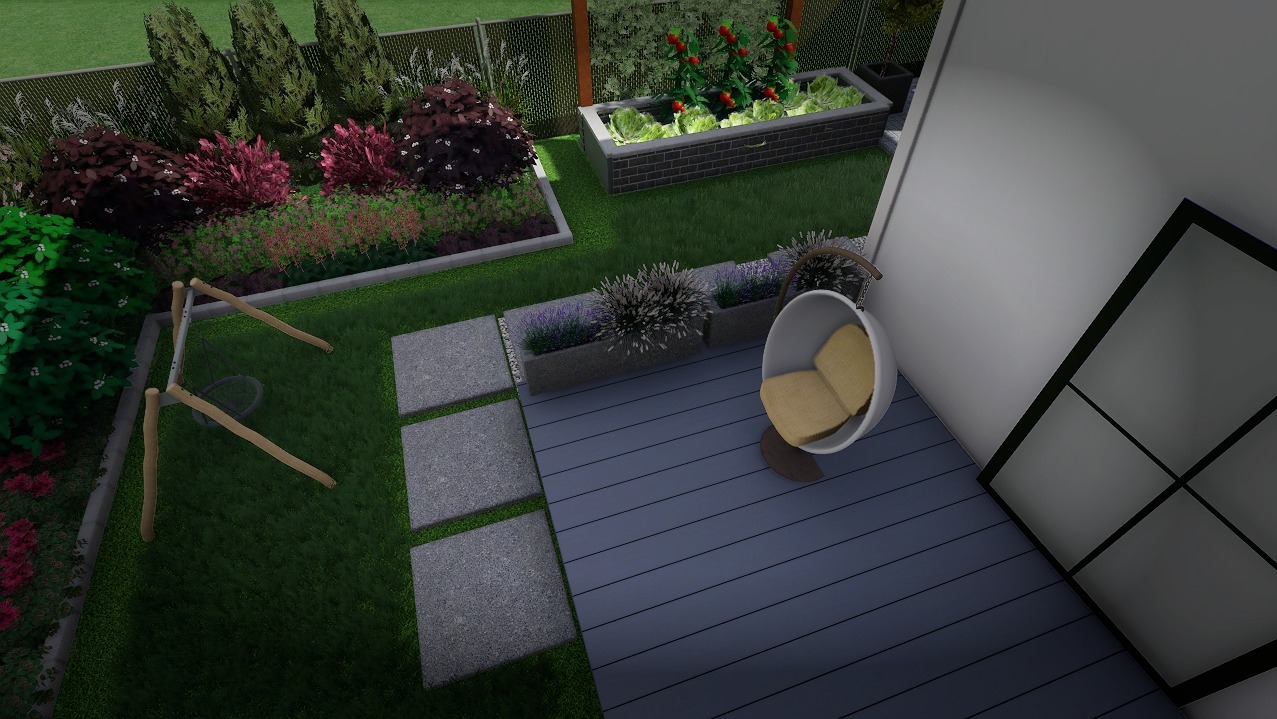 Wizualizacja ogrodu z podwyższonymi grządkami warzywnymi, drewnianym tarasem, wiszącym fotelem i dekoracyjnymi rabatami kwiatowymi, widok z góry.