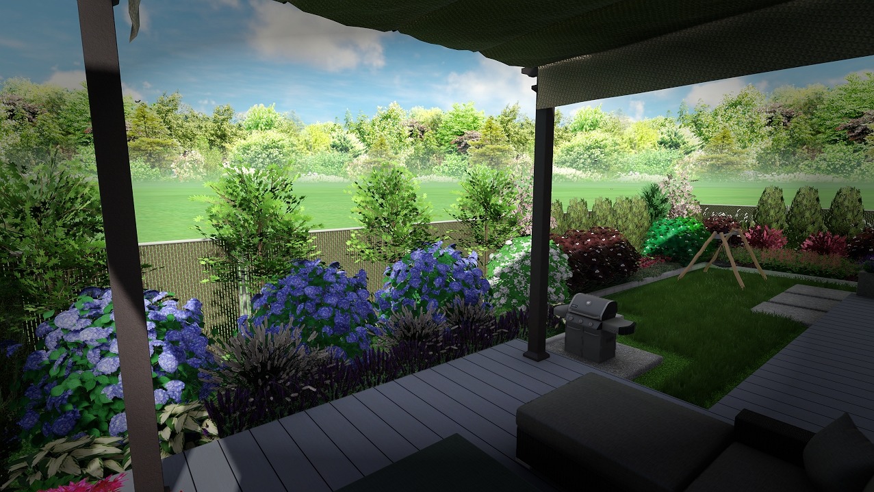 Wizualizacja ogrodu z tarasem, grill, huśtawka dla dzieci, obsadzony hortensjami i innymi roślinami, widok z zadaszonego patio.