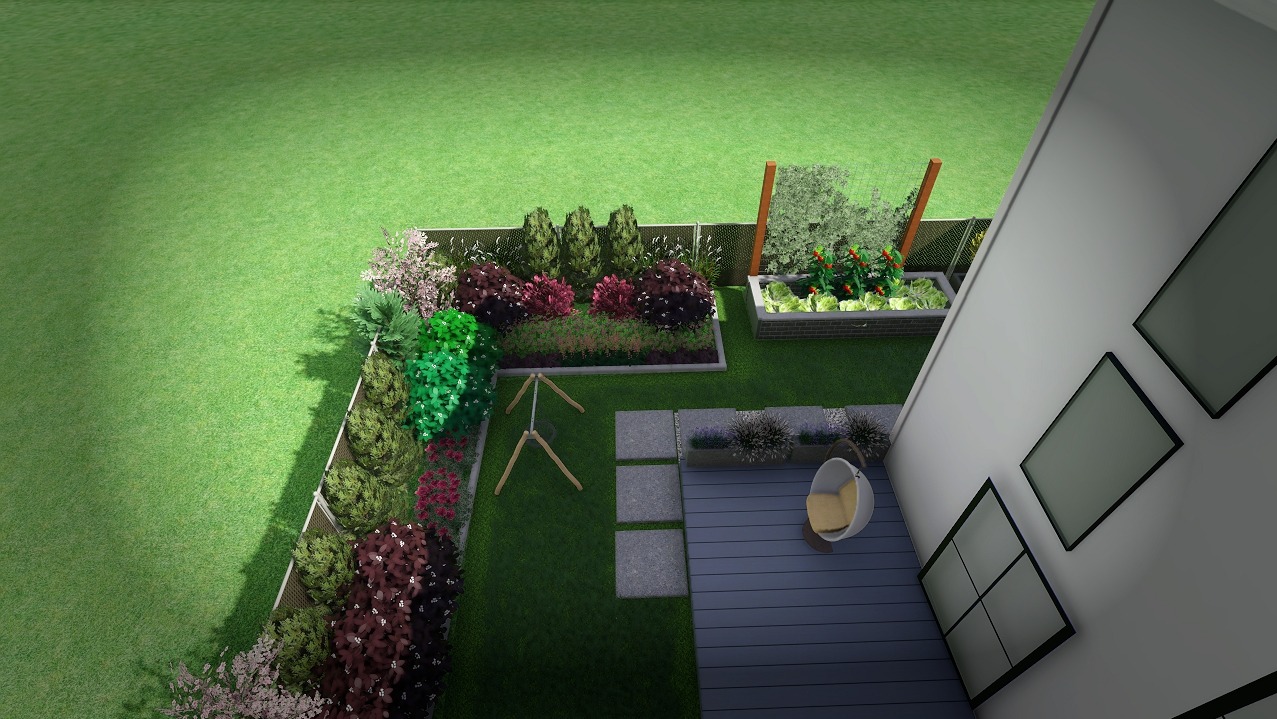 Wizualizacja ogrodu z widokiem z góry, ukazująca rabaty kwiatowe, grządki warzywne, trawnik, drewniany taras z fotelem i plac zabaw dla dzieci.