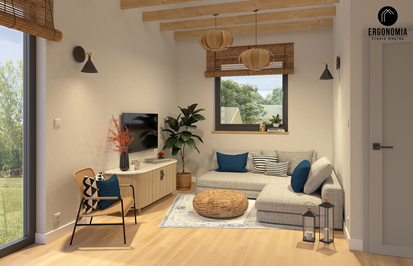 Wizualizacja salonu z beżowymi ścianami, drewnianymi belkami stropowymi, szarą sofą narożną z niebieskimi poduszkami, okrągłym pufem z wikliny, rattanowym krzesłem i szafką RTV z dekoracjami...