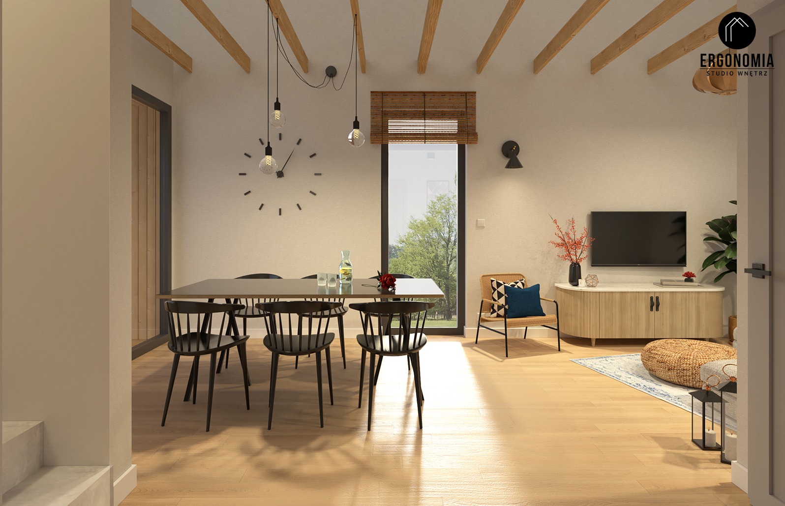 Wizualizacja jasnego wnętrza jadalni z drewnianymi belkami sufitowymi, czarnymi krzesłami typu Windsor przy stole, oraz minimalistycznym zegarem ściennym i telewizorem w tle. Na ścianie widoczne...