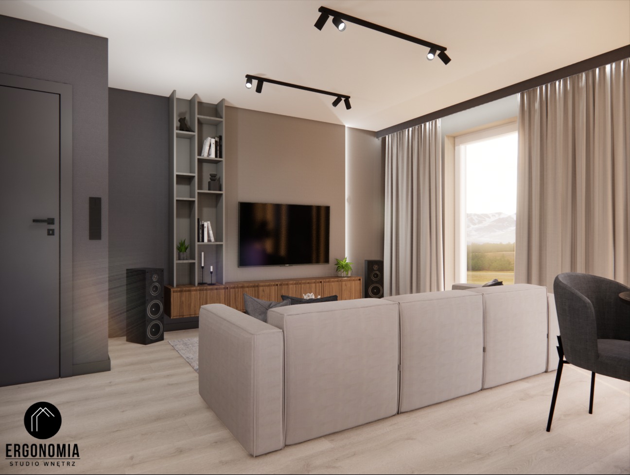 Wizualizacja salonu w stonowanej kolorystyce: beżowy narożnik modułowy, szara ściana z drzwiami, regał z półkami, szafka RTV z telewizorem, oświetlenie szynowe i widok na góry za oknem.