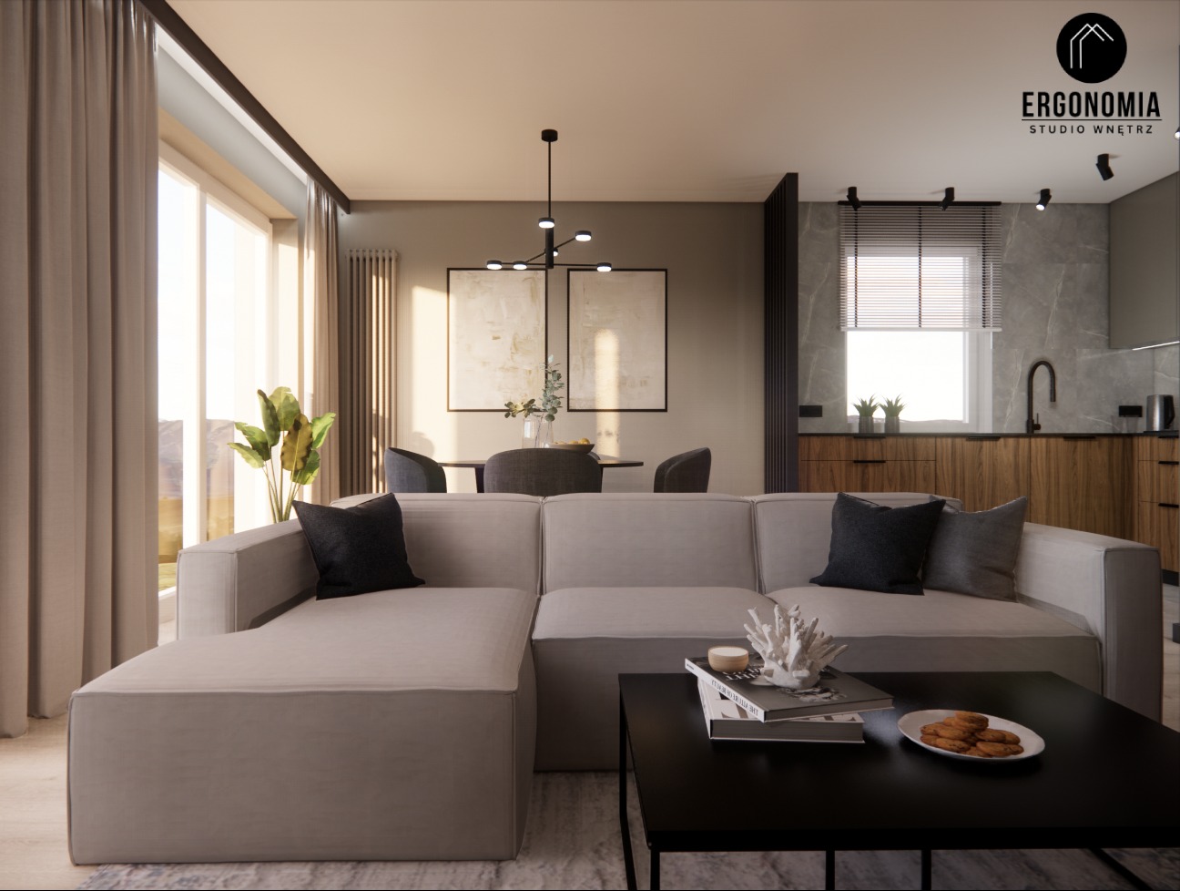 Jasny salon z narożną sofą, czarnym stolikiem kawowym z dekoracjami i ciasteczkami, jadalnią w tle oraz kuchnią z drewnianymi szafkami i marmurową ścianą, oświetlony nowoczesnym żyrandolem i dużym...