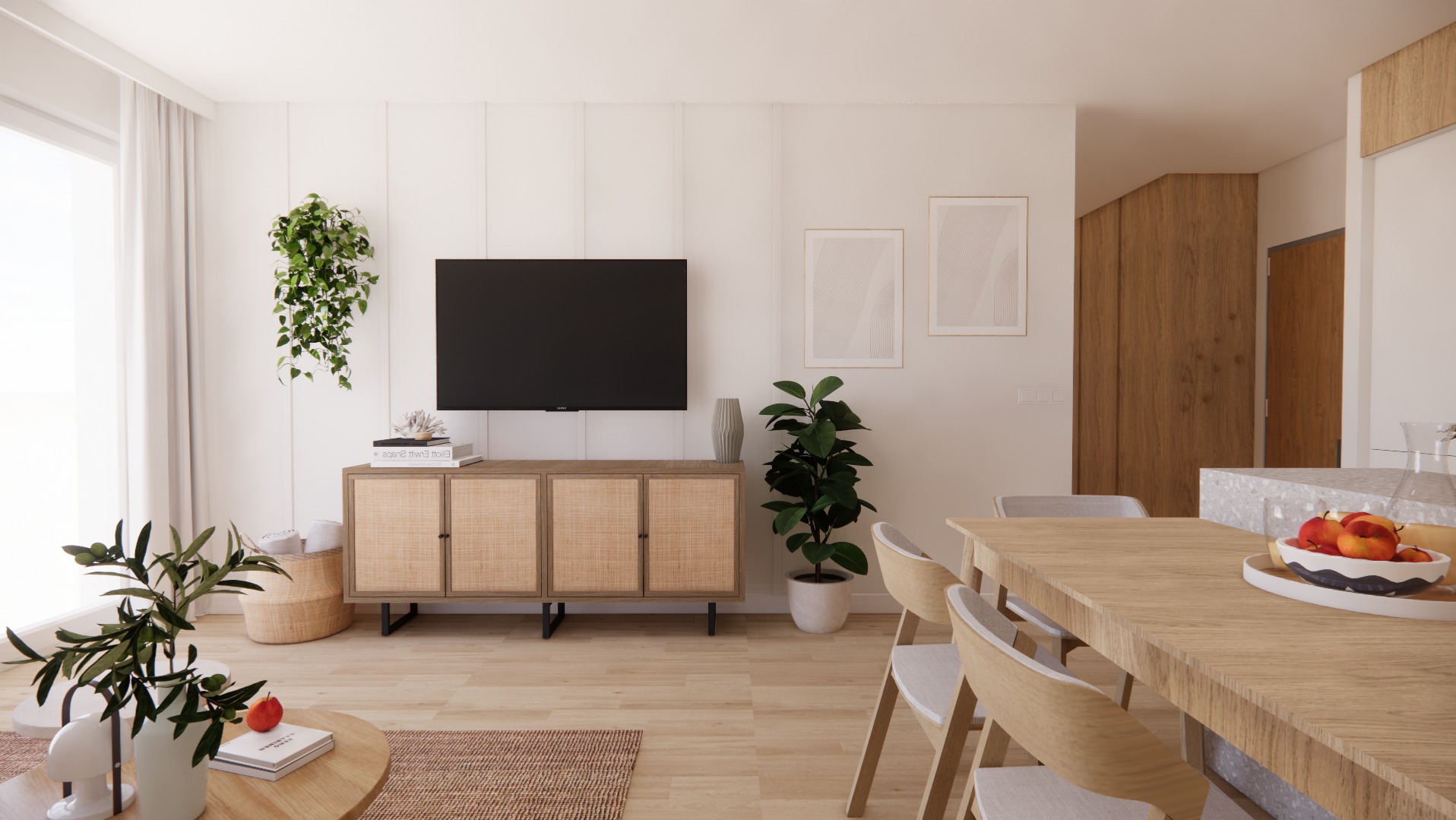 Jasne wnętrze: salon z drewnianą komodą RTV, telewizorem, roślinami doniczkowymi, stolikiem kawowym i jadalnią z drewnianym stołem oraz krzesłami w stylu skandynawskim.