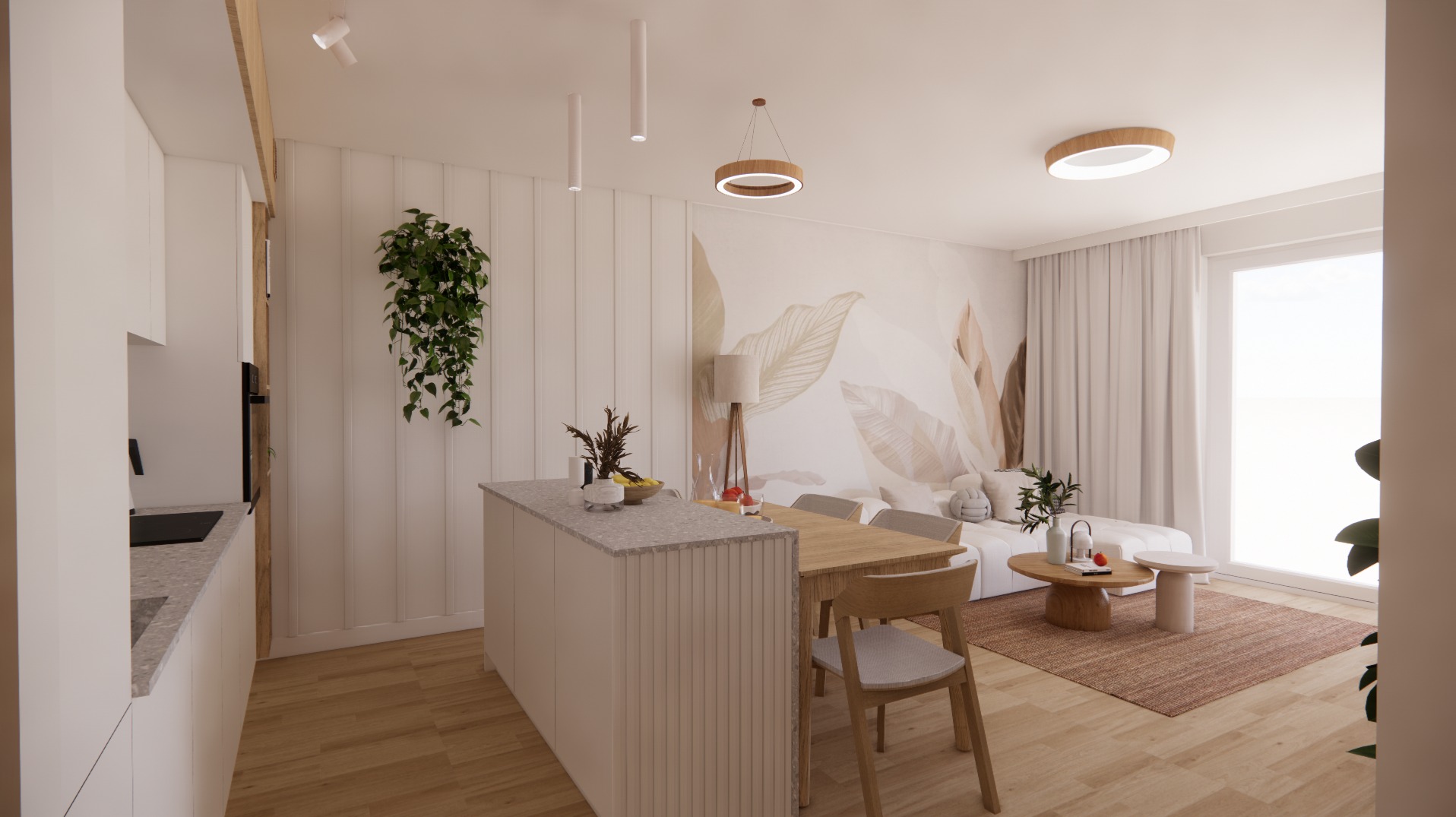 Wizualizacja wnętrza: kuchnia z wyspą przechodząca w salon z sofą i stolikiem kawowym, drewniane podłogi, ściana z motywem liści, okrągłe lampy wiszące, pionowe panele ścienne, wisząca roślina.