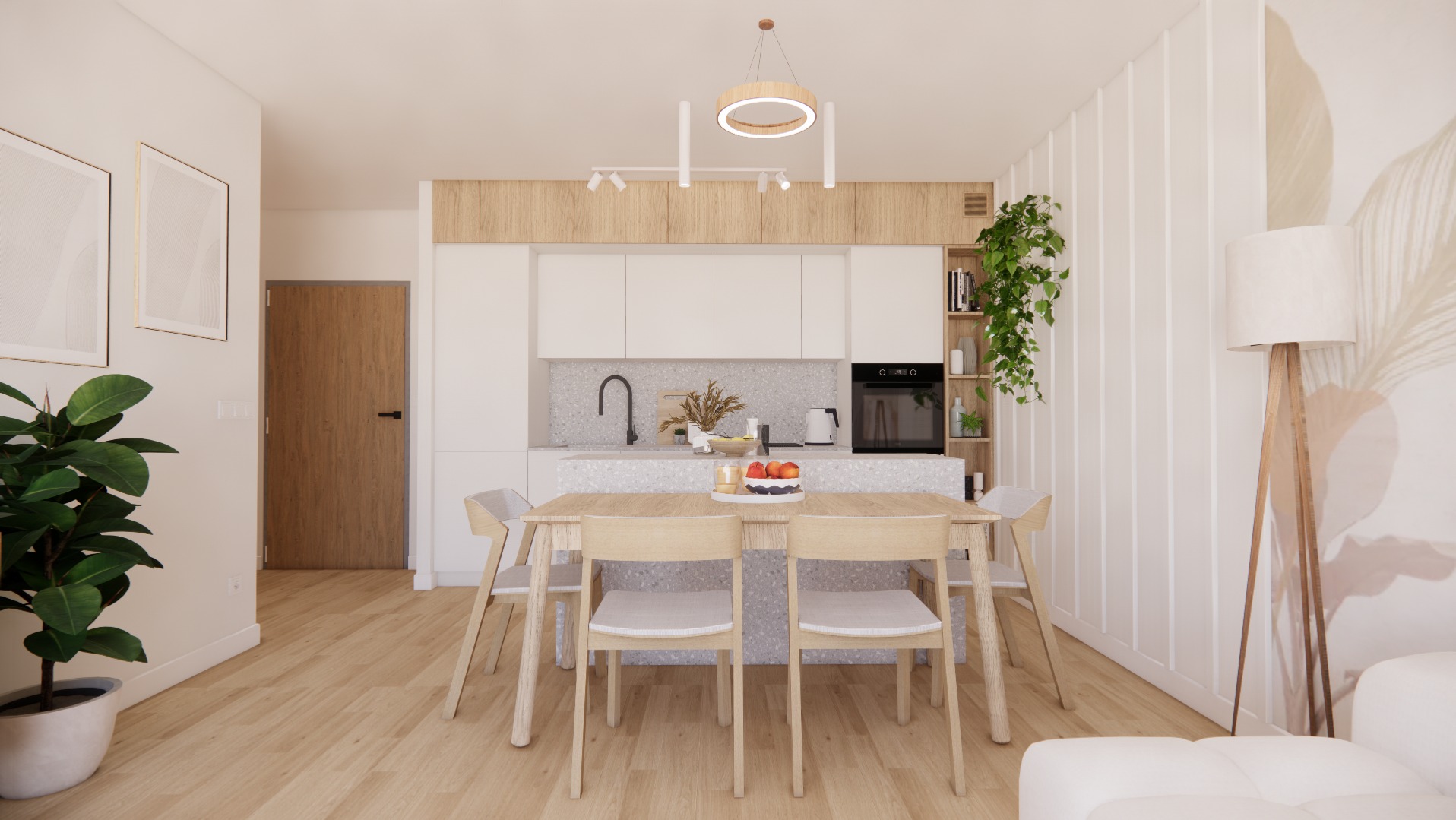 Jasna kuchnia z wyspą i stołem jadalnym w stylu minimalistycznym, okrągła lampa wisząca, podłoga z paneli drewnianych, dekoracyjne rośliny doniczkowe.