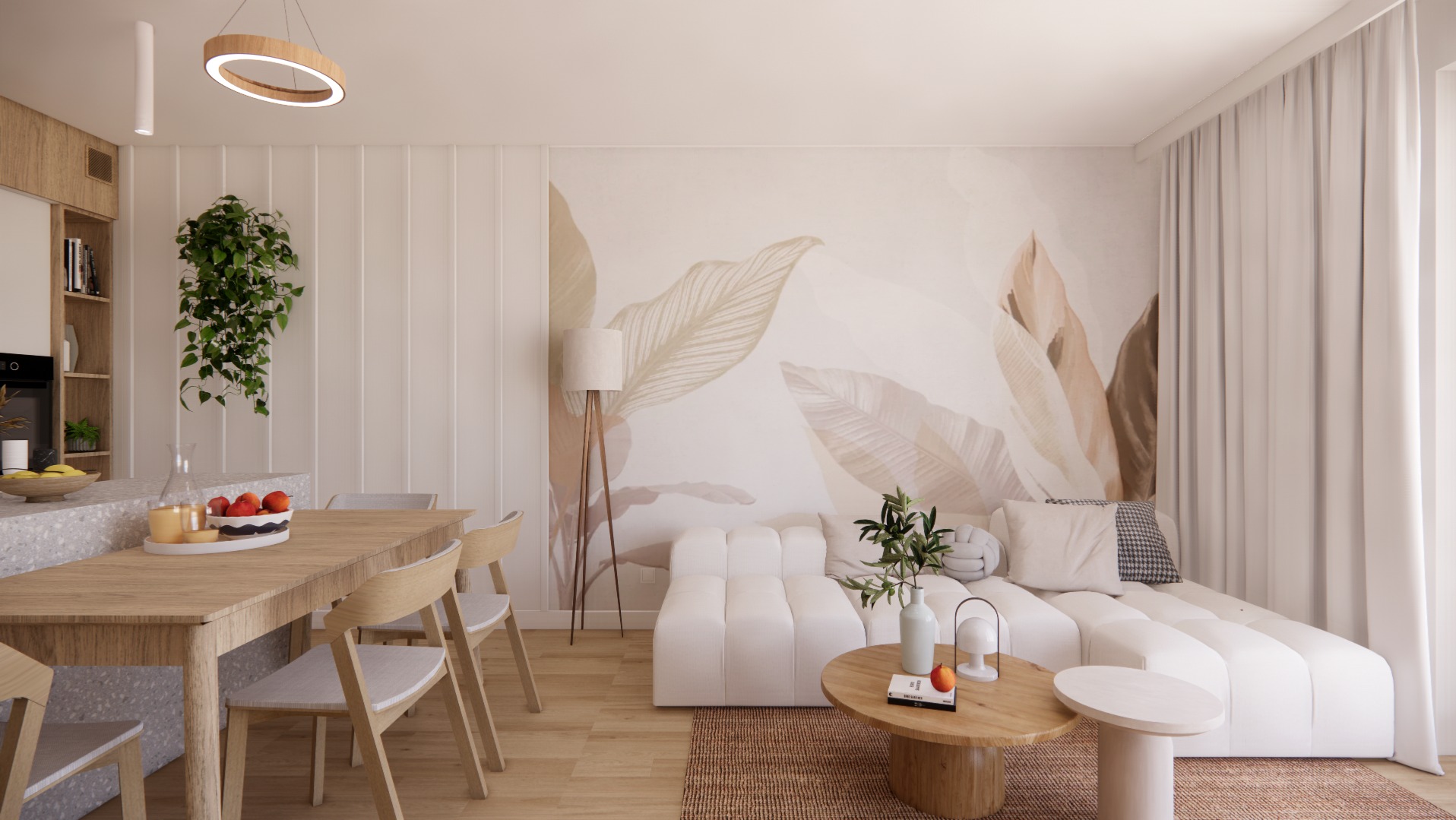 Jasne wnętrze z drewnianym stołem, krzesłami, białym narożnikiem i ścianą z motywem liści w odcieniach beżu; widoczna lampa podłogowa z drewnianym trójnogiem.