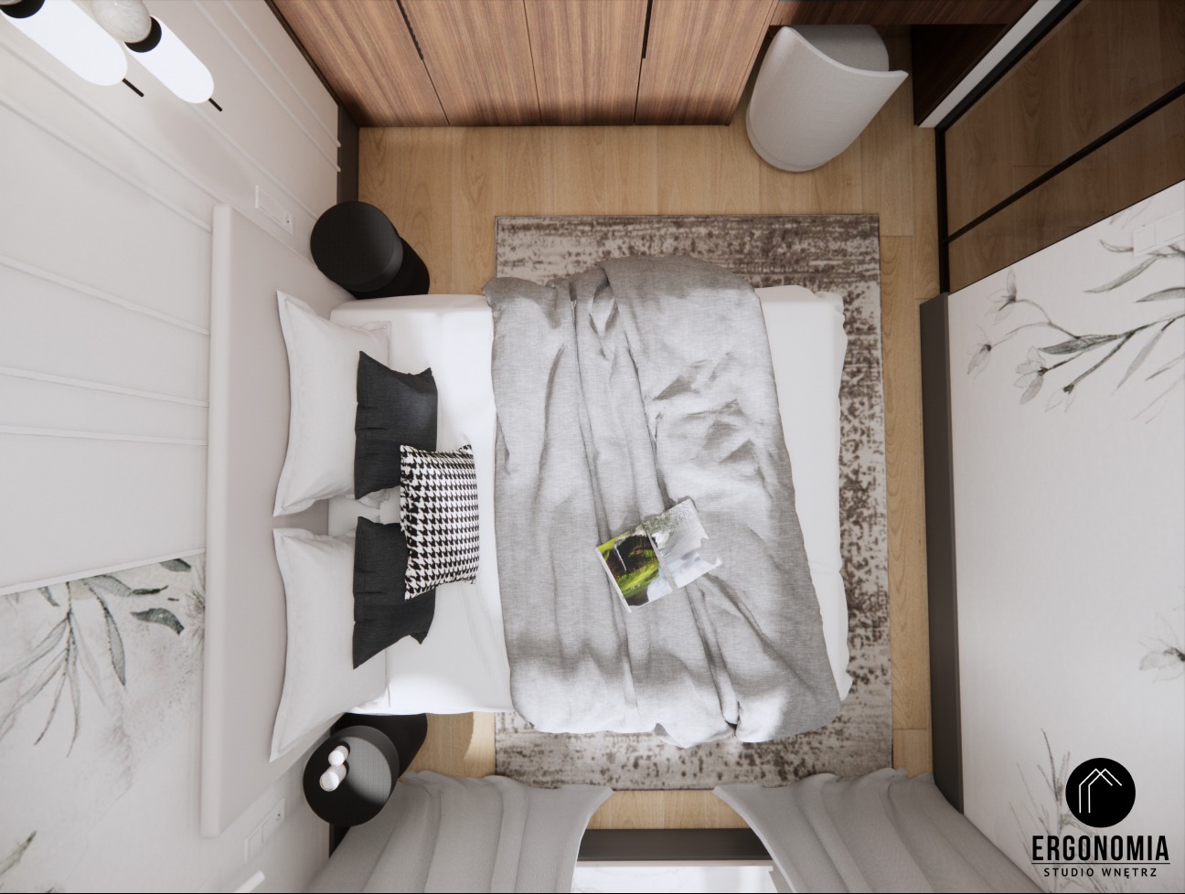 Aranżacja sypialni z widokiem z góry: łóżko z szarą narzutą, wzorzyste poduszki, tapeta z motywem roślinnym, drewniana podłoga i szafa, dywan w neutralnych barwach, czarne stoliki nocne...