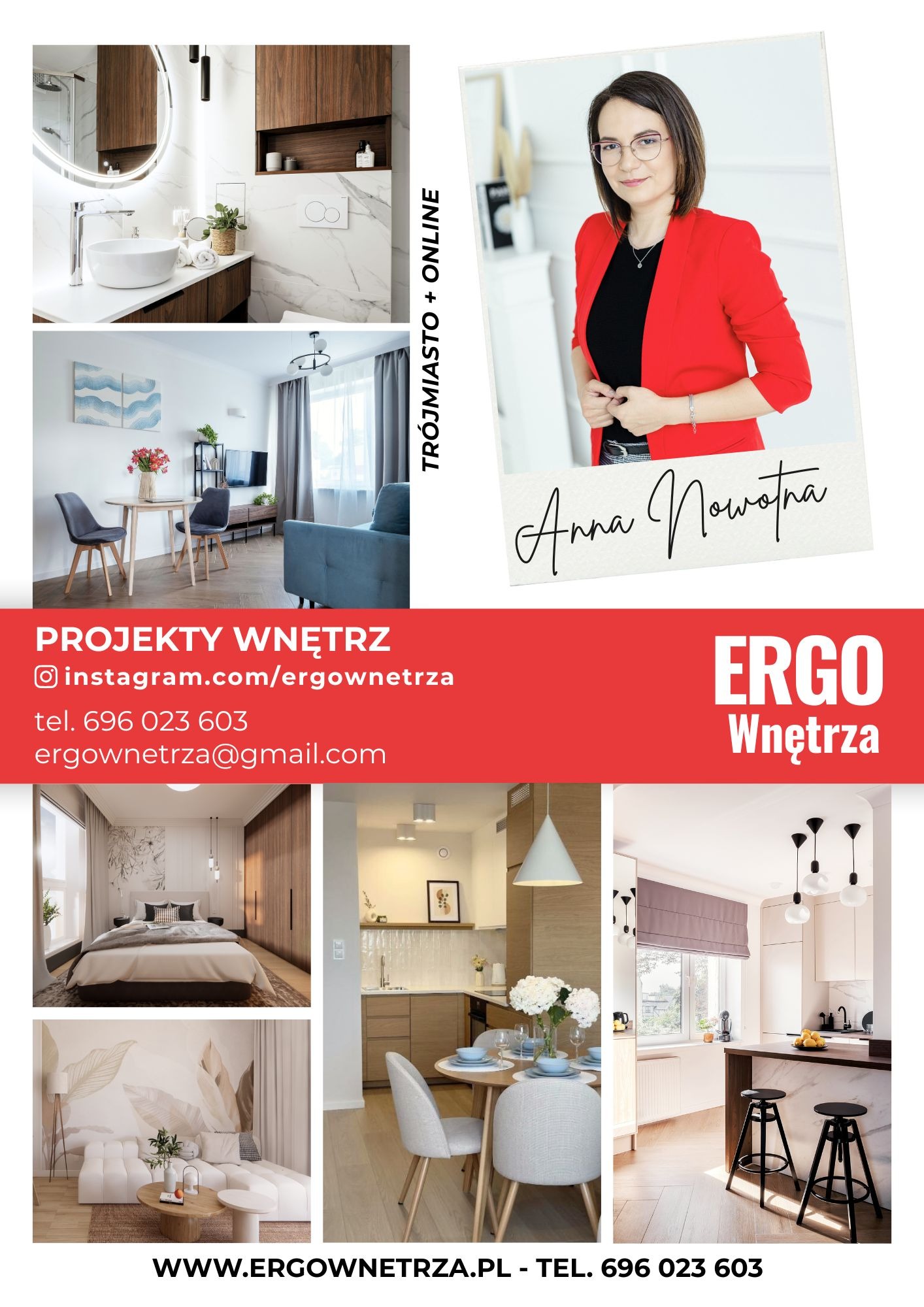 Kolaż z projektami wnętrz: łazienka z marmurem, salon z sofą, sypialnia z tapetą, kuchnia z wyspą i portret projektantki Anny Nowotnej. Ergo Wnętrza.