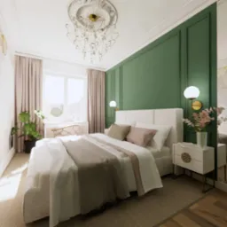 Elegancka sypialnia z zieloną ścianą, kryształowym żyrandolem i lustrem odbijającym fragment pokoju, dekorowana kwiatami i nowoczesnymi lampami ściennymi.