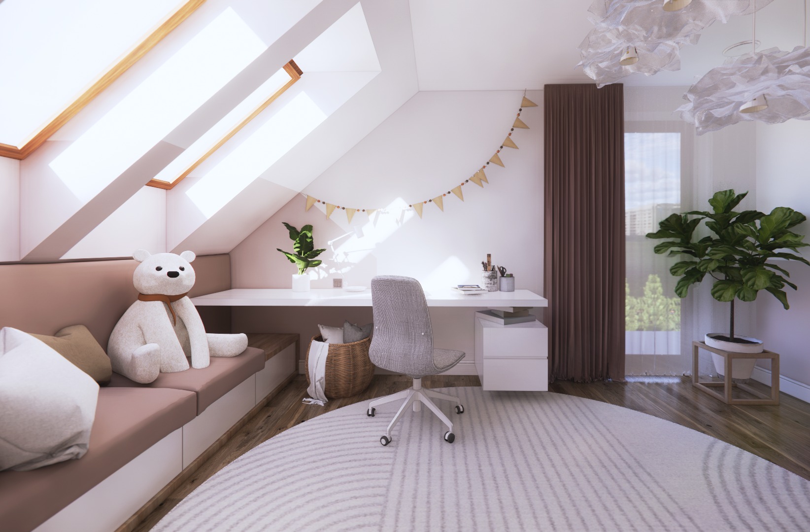 Jasny pokój dziecięcy na poddaszu z biurkiem, pluszowym misiem na wbudowanej sofie i okrągłym dywanem w paski.