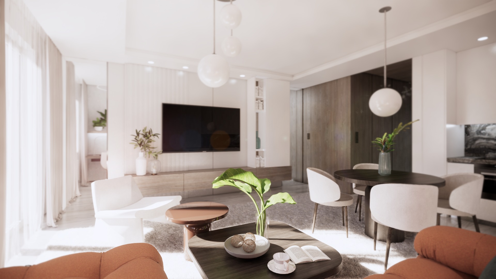 Jasne, przestronne wnętrze salonu z jadalnią, charakteryzujące się minimalistycznym designem, białymi ścianami i meblami w neutralnych odcieniach, oświetlone naturalnym światłem wpadającym przez...