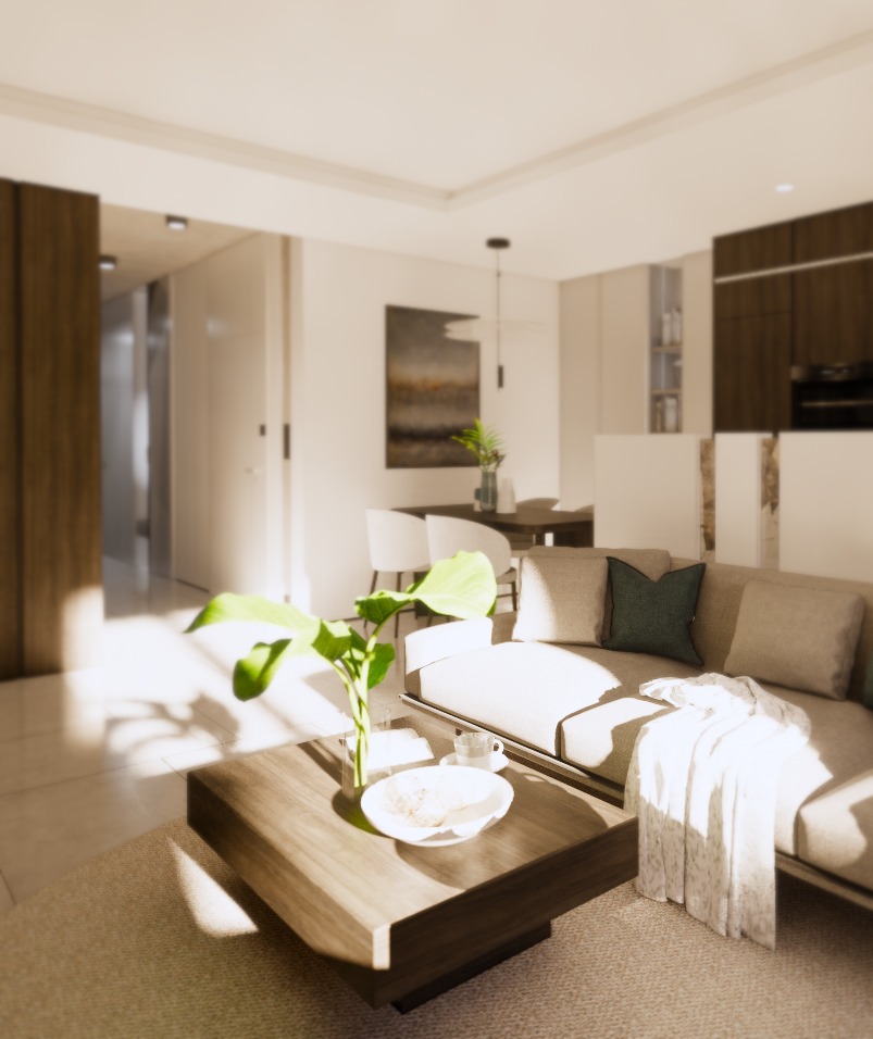 Wizualizacja salonu z beżową sofą, drewnianym stolikiem kawowym z rośliną w wazonie i dekoracyjną misą, oraz jadalnią w tle, ukazująca nowoczesne wnętrze z minimalistycznym oświetleniem.