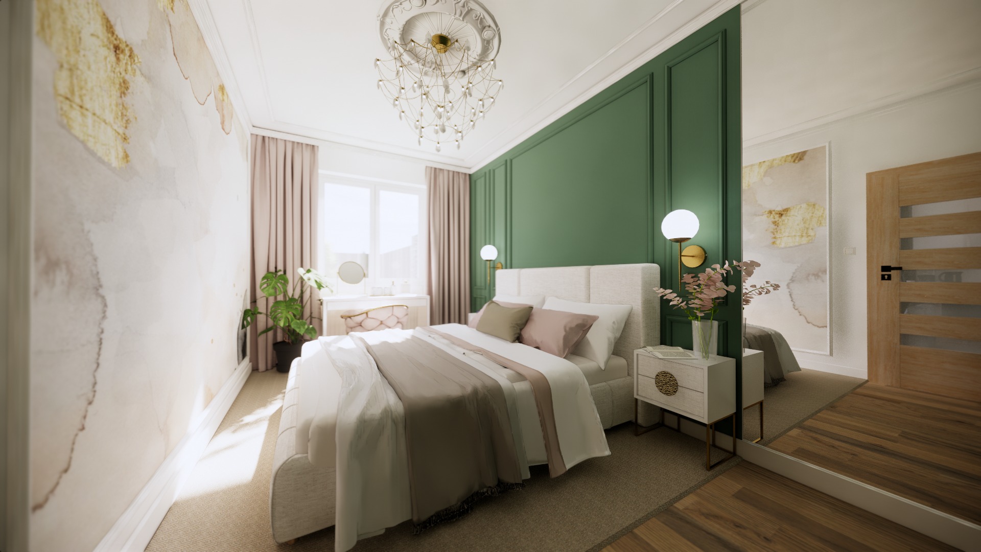 Elegancka sypialnia z zieloną ścianą, kryształowym żyrandolem i lustrem odbijającym fragment pokoju, dekorowana kwiatami i nowoczesnymi lampami ściennymi.