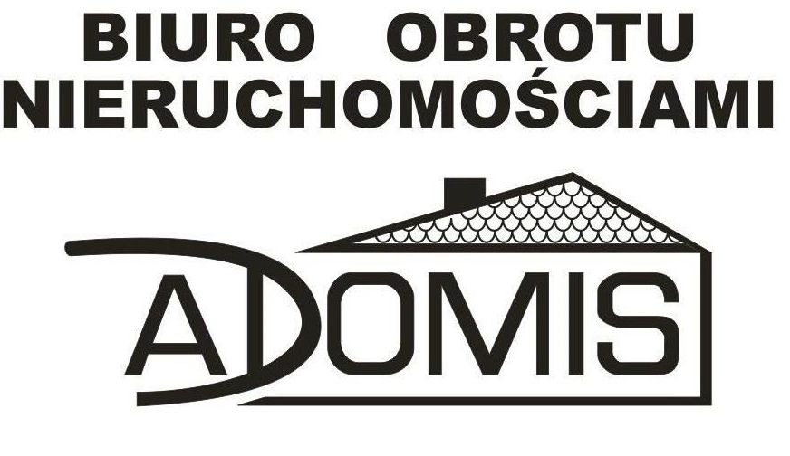Logo firmy 'Biuro Obrotu Nieruchomościami ADOMIS' z graficznym symbolem domu z dachem pokrytym łuską.