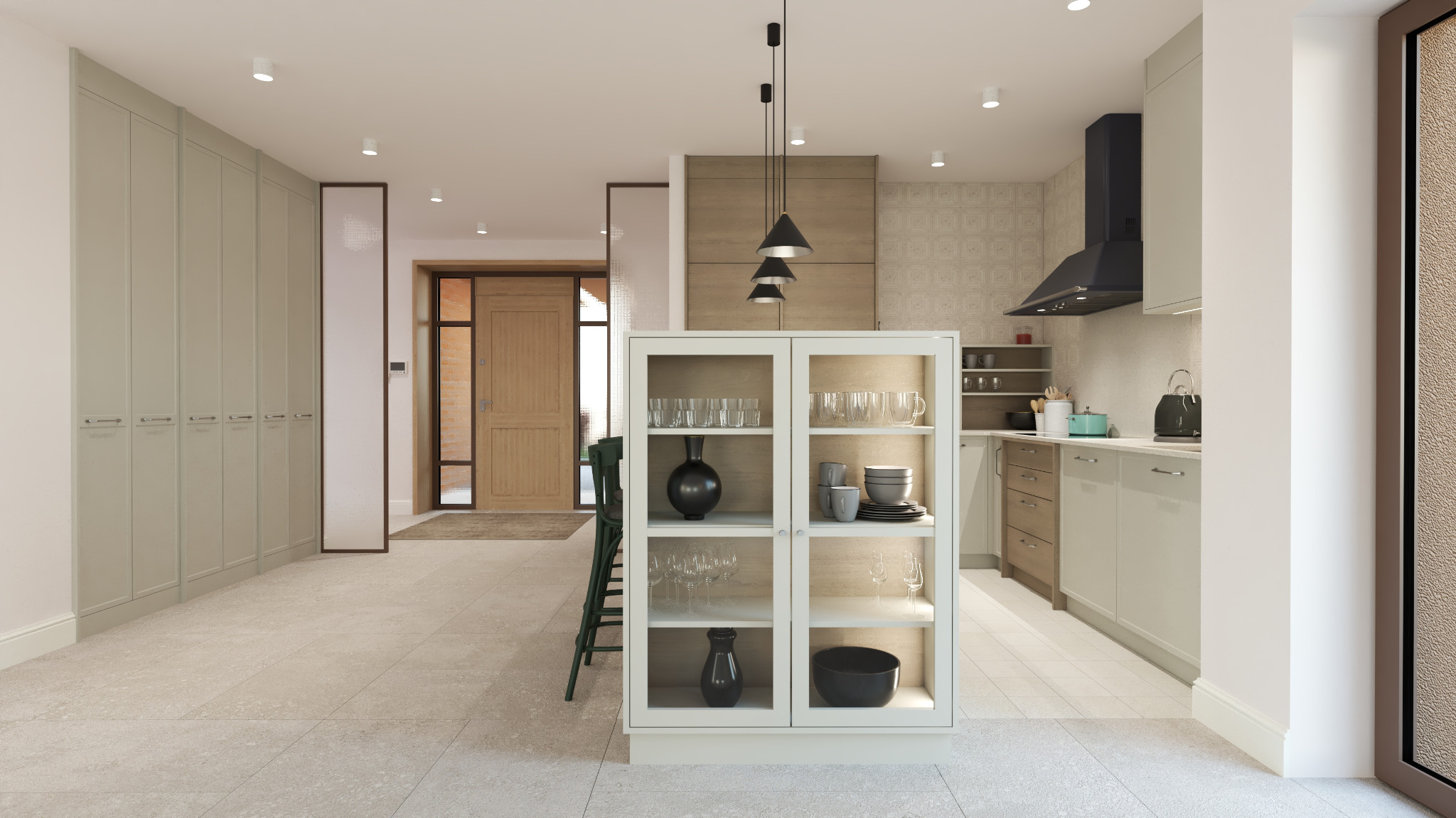 Jasna kuchnia z przeszkloną witryną wypełnioną szkłem i ceramiką, widok na przedpokój z drewnianymi drzwiami wejściowymi, minimalistyczne oświetlenie wiszące.