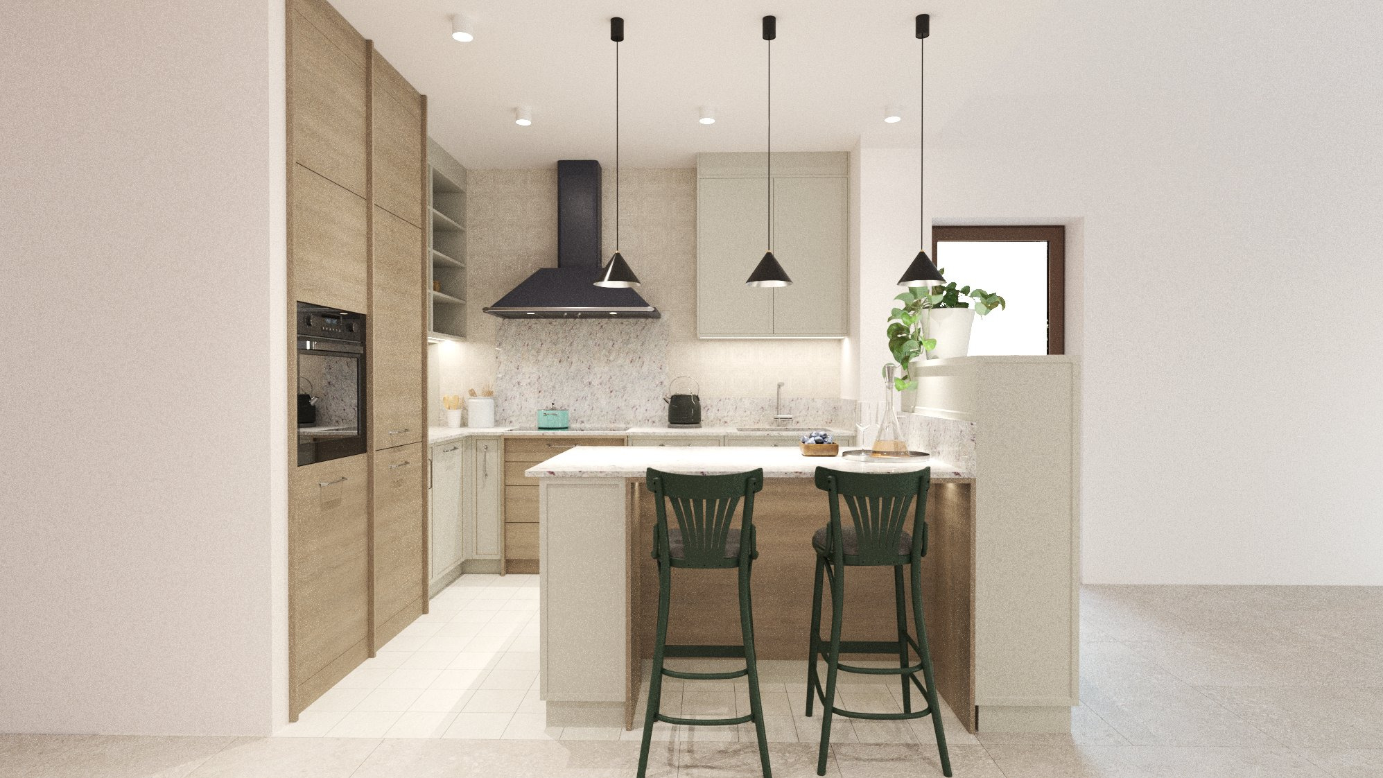Wnętrze kuchni z wyspą i dwoma zielonymi krzesłami barowymi, oświetlone trzema wiszącymi lampami z czarnymi kloszami. Widoczne drewniane szafki, okap nad płytą oraz roślina w doniczce przy oknie.